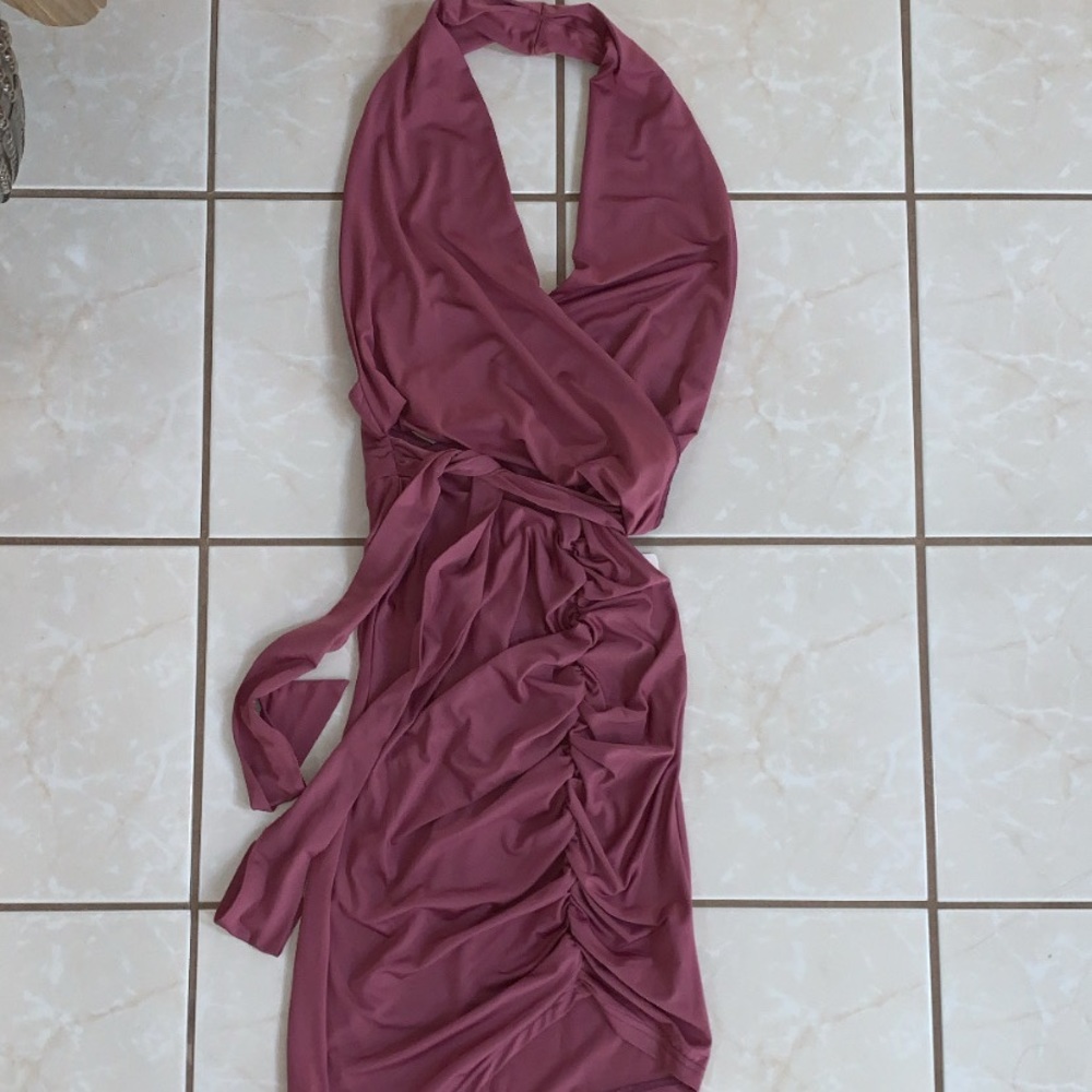 Mauve Halter Backless Front Tie Ruched Dress